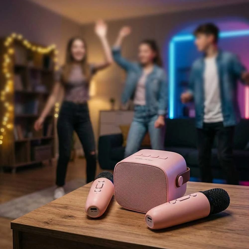 Blavec nešiojama bluetooth kolonėlė WS-07 Karaoke Party – 5W su 2 mikrofonais (WS07-2MP) rožinės spalvos