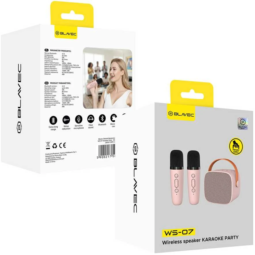 Blavec nešiojama bluetooth kolonėlė WS-07 Karaoke Party – 5W su 2 mikrofonais (WS07-2MP) rožinės spalvos