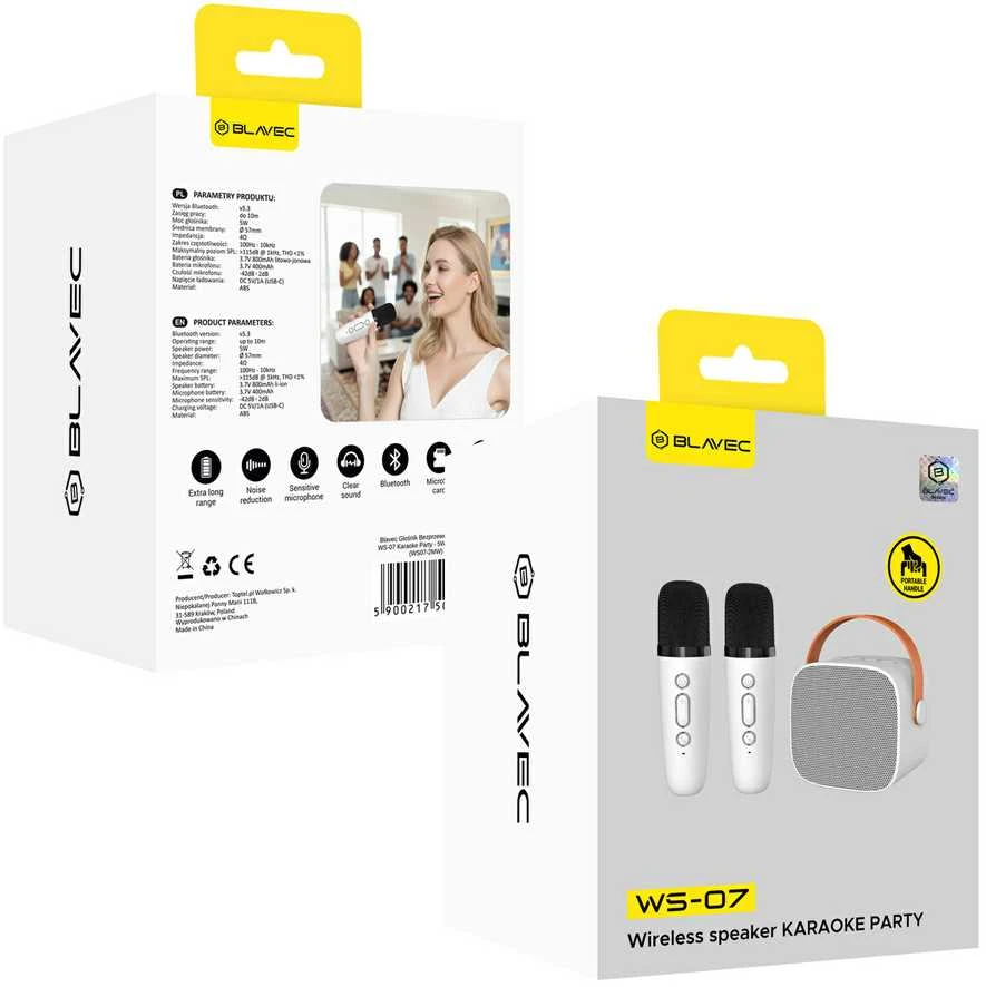 Blavec nešiojama bluetooth kolonėlė WS-07 Karaoke Party – 5W su 2 mikrofonais (WS07-2MW) baltos spalvos