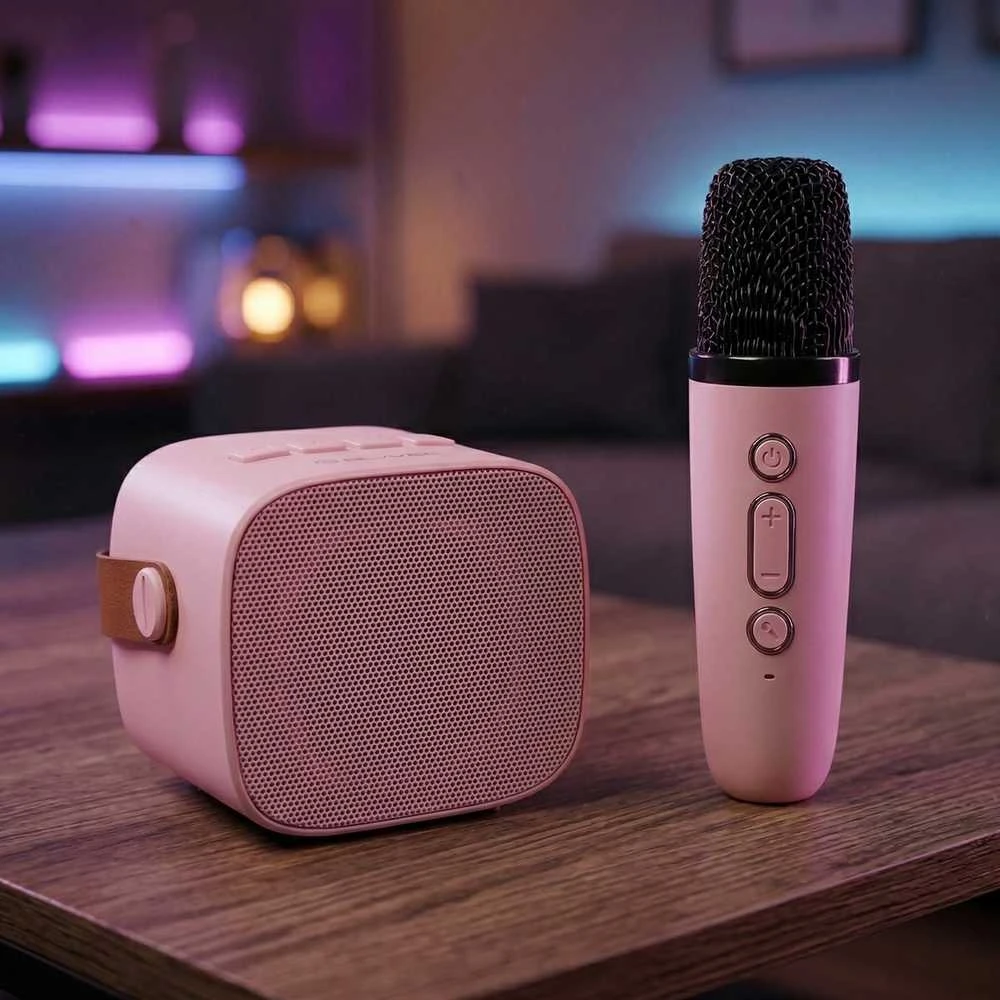 Blavec nešiojama bluetooth kolonėlė WS-07 Karaoke Party – 5W su 2 mikrofonais (WS07-2MP) rožinės spalvos