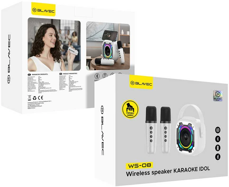 Blavec nešiojama bluetooth kolonėlė WS-08 Karaoke Idol – 8W su 2 mikrofonais (WS08-2MW) baltos spalvos