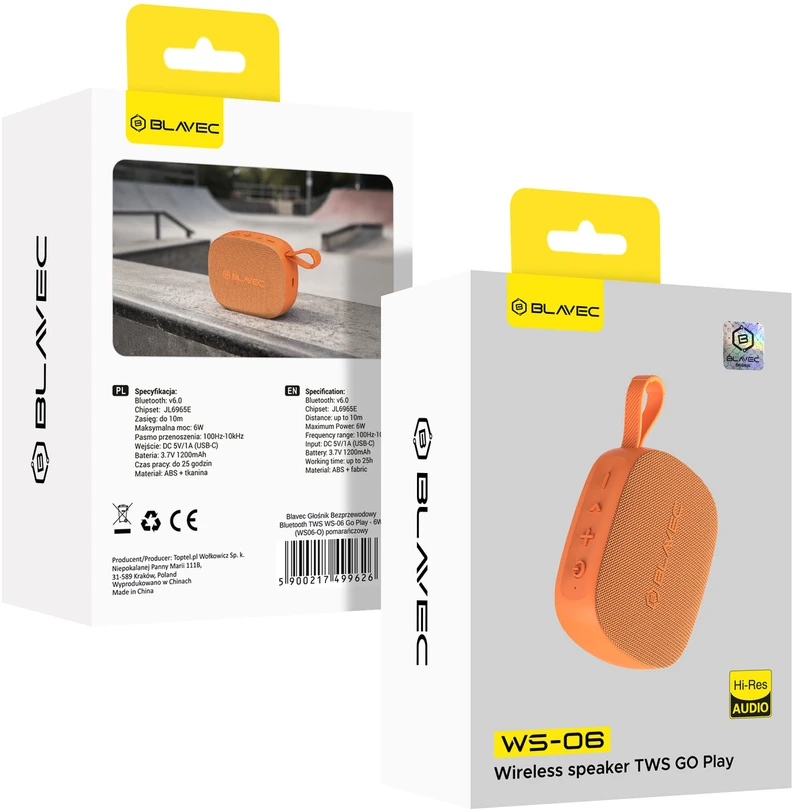 Blavec Nešiojama Bluetooth TWS kolonėlė WS-06 Go Play – 6W (WS06-O) kosminė oranžinė