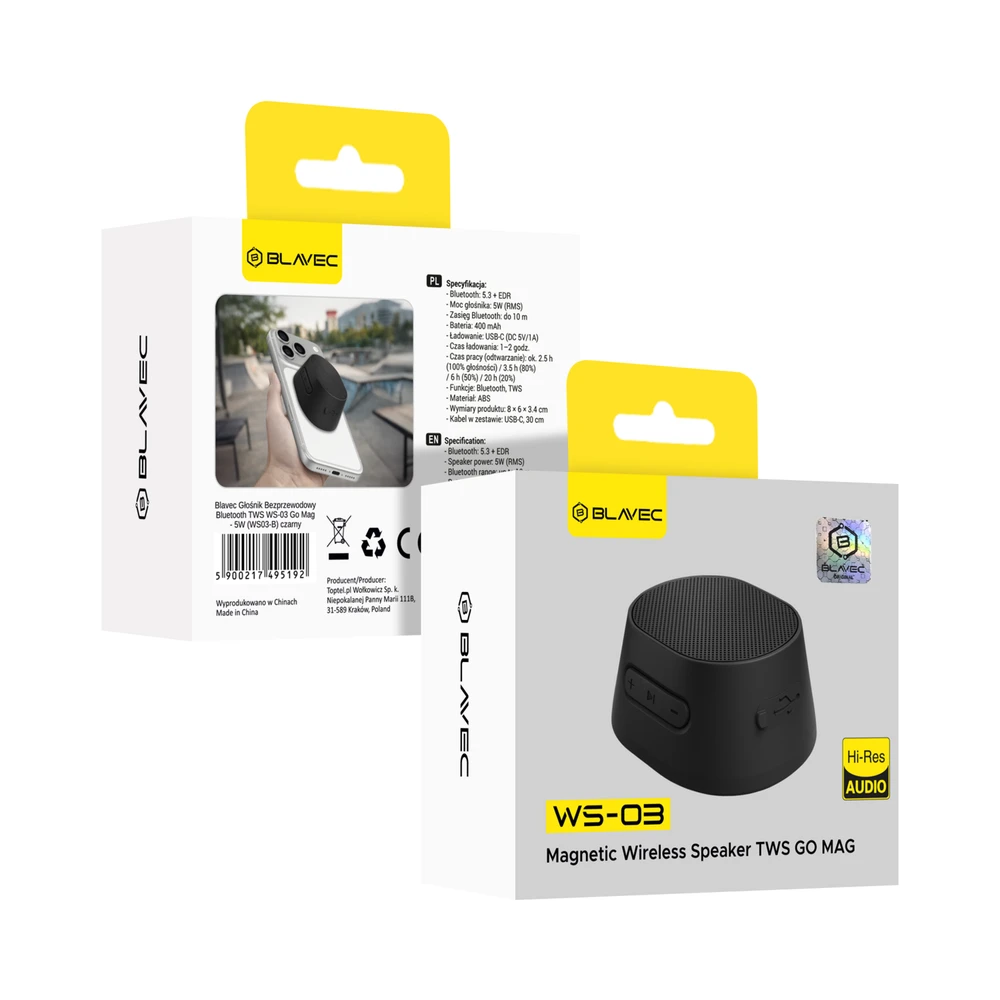 Blavec nešiojama kolonėlė Bluetooth TWS WS-03 Go Mag – 5W (WS03-B) juodos spalvos