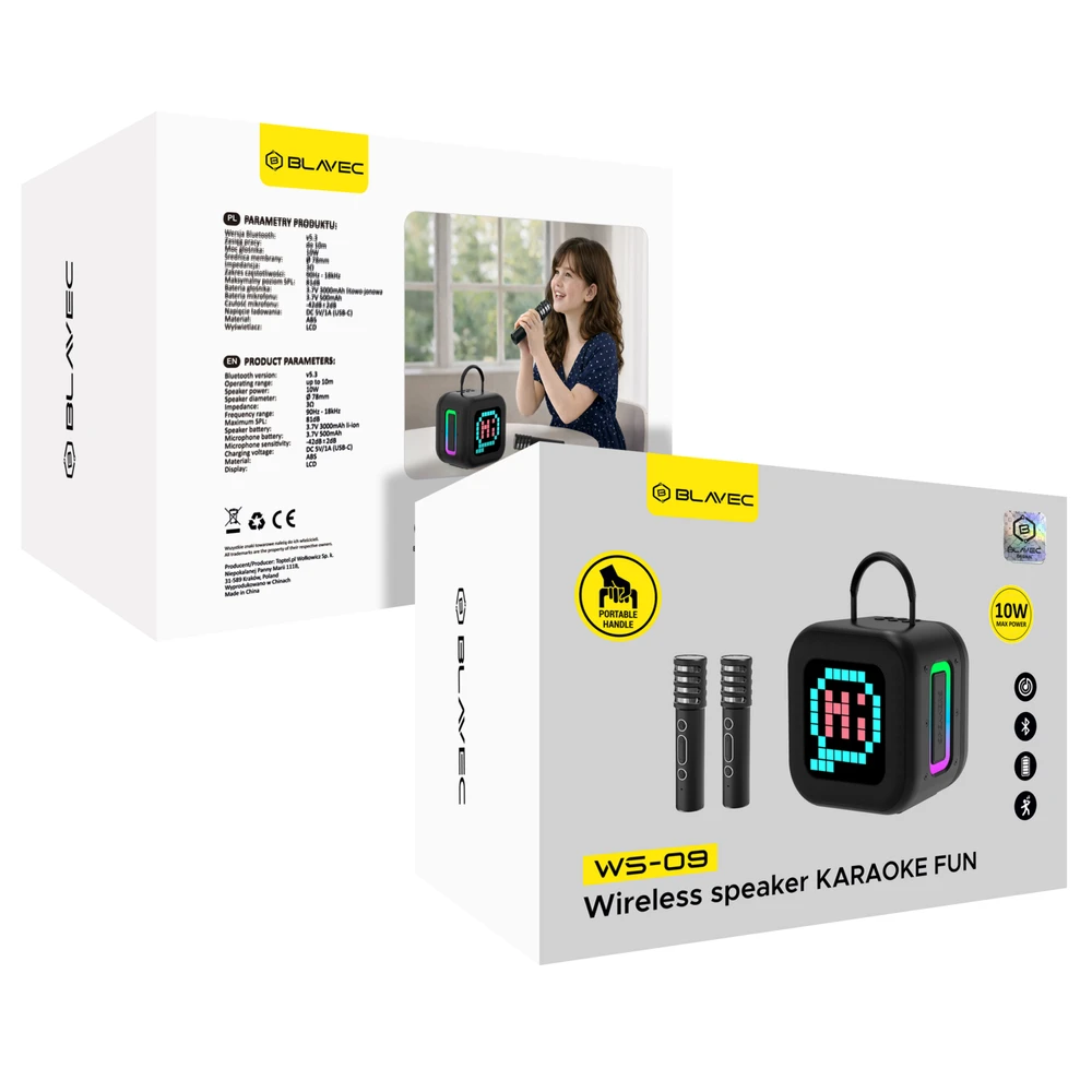 Blavec nešiojama kolonėlė Bluetooth WS-09 Karaoke Fun – 10W su 2 mikrofonais (WS09-2MB) juodos spalvos