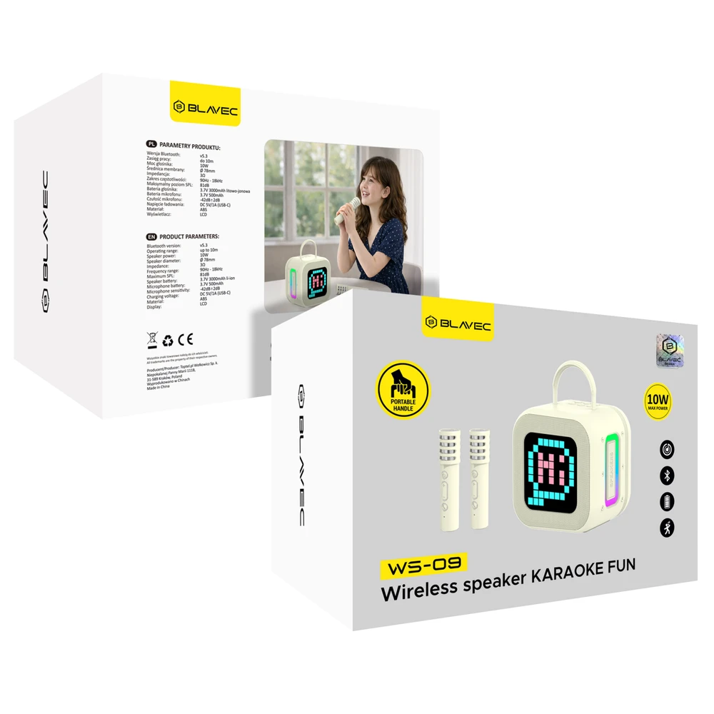 Blavec nešiojama kolonėlė Bluetooth WS-09 Karaoke Fun – 10W su 2 mikrofonais (WS09-2MBE) gelsvos spalvos