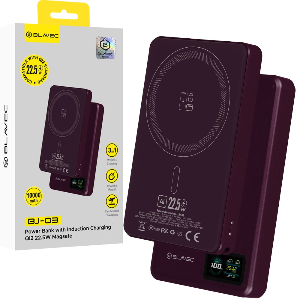 Blavec Power Bank 10000mAh BJ-03 Slim 13,5mm – Typ C – 22,5W magnetyczny indukcyjny Magsafe 3 w 1 (PBBJ03-MC10P) violetinė aliuminio
