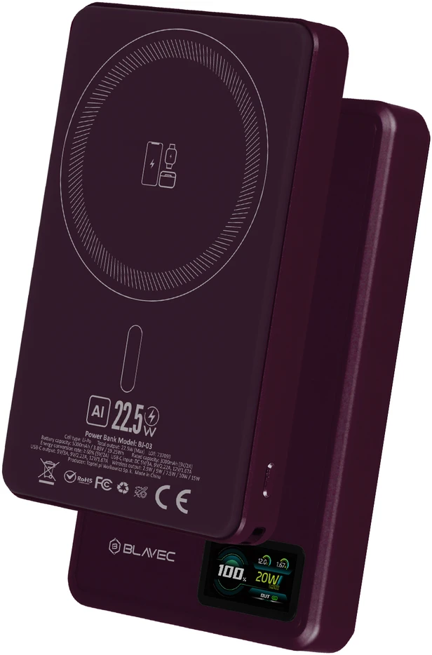 Blavec Power Bank 10000mAh BJ-03 Slim 13,5mm – Typ C – 22,5W magnetyczny indukcyjny Magsafe 3 w 1 (PBBJ03-MC10P) violetinė aliuminio
