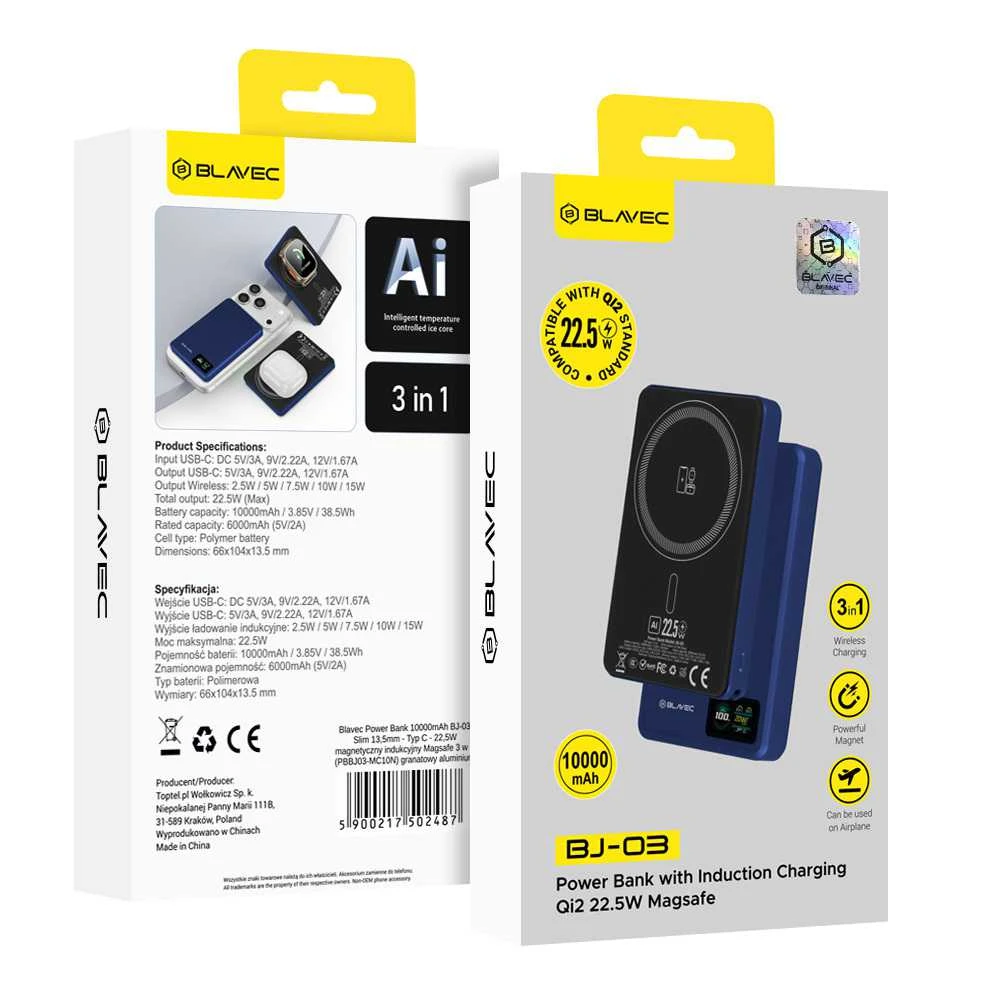 Blavec išorinė baterija 10000mAh BJ-03 Slim 13,5 mm – C tipo – 22,5 W magnetinė „Magsafe 3 in 1“ (PBBJ03-MC10N) mėlynos spalvos aliuminis