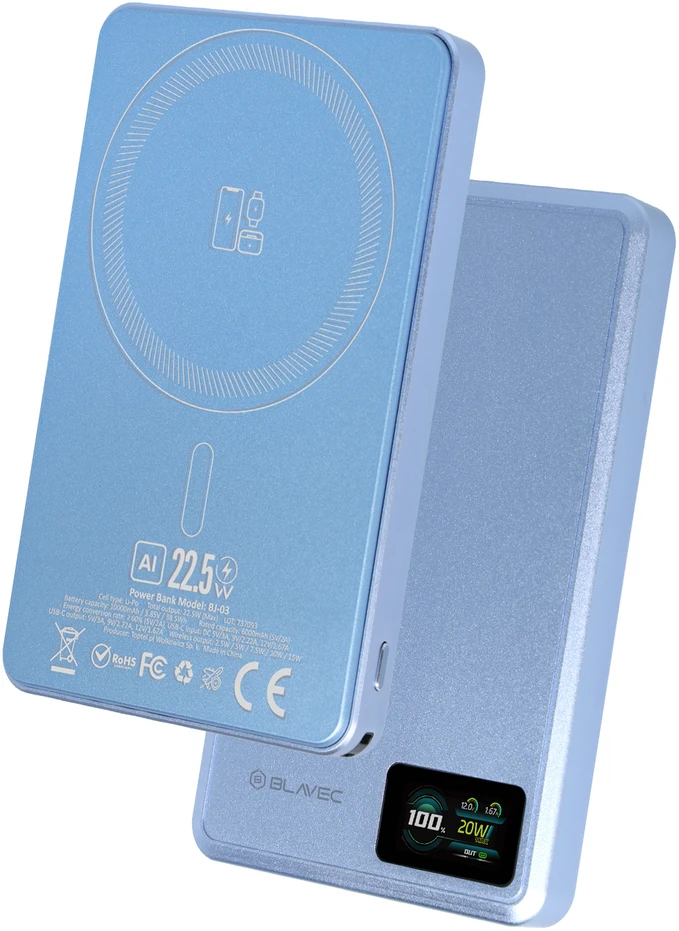 Blavec Power Bank 10000mAh BJ-03 Slim 13,5mm – Typ C – 22,5W magnetyczny indukcyjny Magsafe 3 w 1 (PBBJ03-MC10LB) Šviesiai mėlynas aliuminio