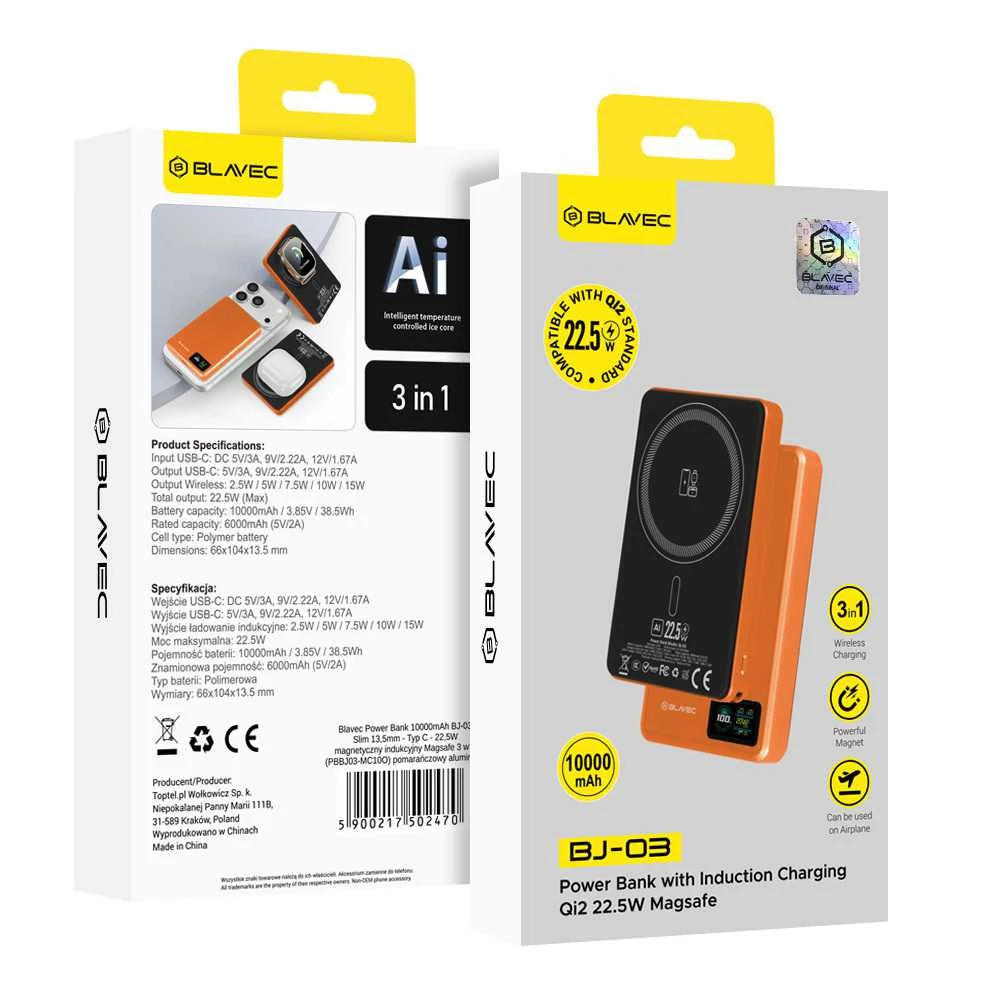 Blavec Power Bank 10000mAh BJ-03 Slim 13,5mm – Type C – 22,5W magnetic Magsafe 3 in 1 (PBBJ03-MC10O) oranžinės spalvos aluminum