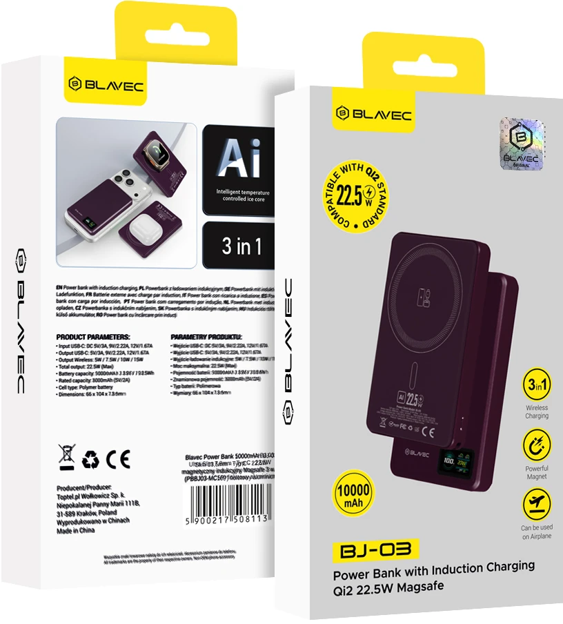Blavec Power Bank 10000mAh BJ-03 Slim 13,5mm – Typ C – 22,5W magnetyczny indukcyjny Magsafe 3 w 1 (PBBJ03-MC10P) violetinė aliuminio