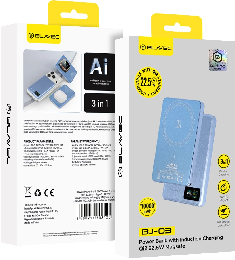 Blavec Power Bank 10000mAh BJ-03 Slim 13,5mm – Typ C – 22,5W magnetyczny indukcyjny Magsafe 3 w 1 (PBBJ03-MC10LB) Šviesiai mėlynas aliuminio