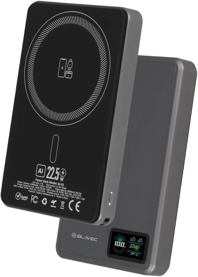 Oem Blavec Power Bank 10000mAh BJ-03 Slim 13,5mm – Type C – 22,5W magnetic Magsafe 3 in 1 (PBBJ03-MC10G) pilkos spalvos