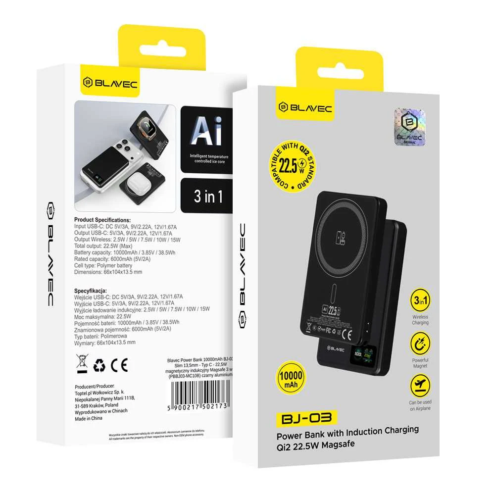 Blavec Power Bank 10000mAh BJ-03 Slim 13,5mm – Type C – 22,5W magnetic Magsafe 3 in 1 (PBBJ03-MC10B) juodos spalvos aluminum