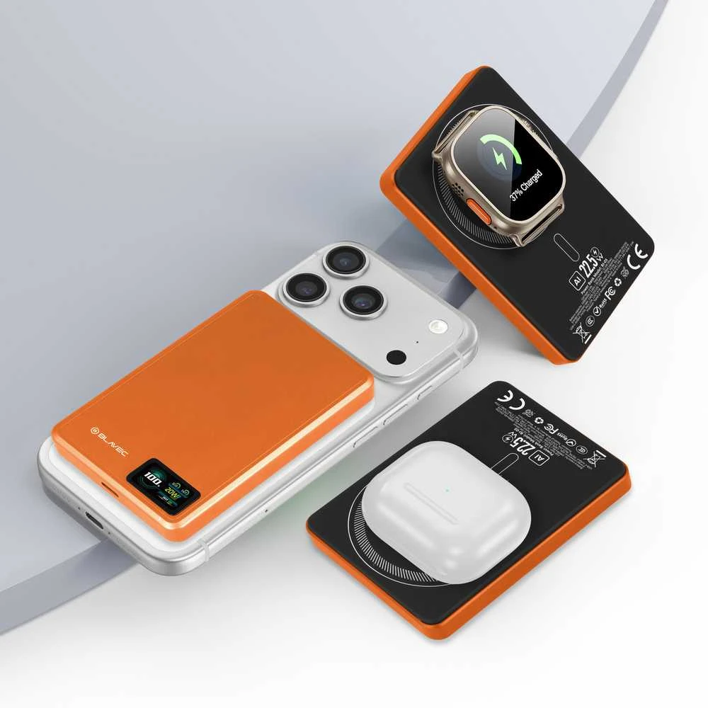 Blavec Power Bank 10000mAh BJ-03 Slim 13,5mm – Type C – 22,5W magnetic Magsafe 3 in 1 (PBBJ03-MC10O) oranžinės spalvos aluminum