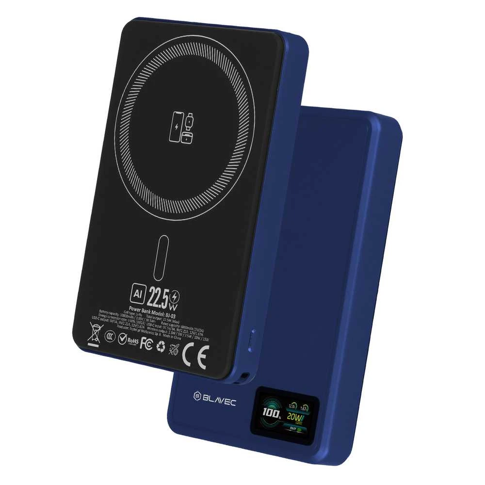 Blavec išorinė baterija 10000mAh BJ-03 Slim 13,5 mm – C tipo – 22,5 W magnetinė „Magsafe 3 in 1“ (PBBJ03-MC10N) mėlynos spalvos aliuminis