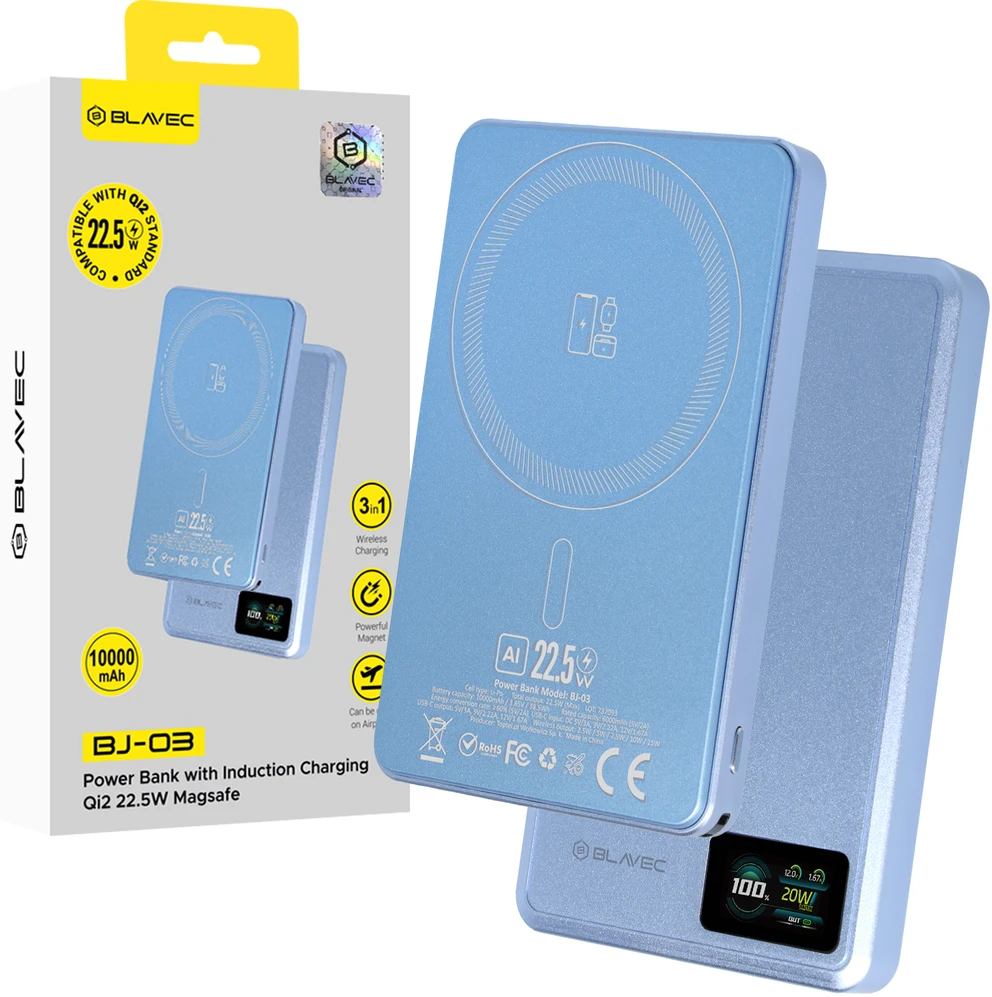 Blavec Power Bank 10000mAh BJ-03 Slim 13,5mm – Typ C – 22,5W magnetyczny indukcyjny Magsafe 3 w 1 (PBBJ03-MC10LB) Šviesiai mėlynas aliuminio