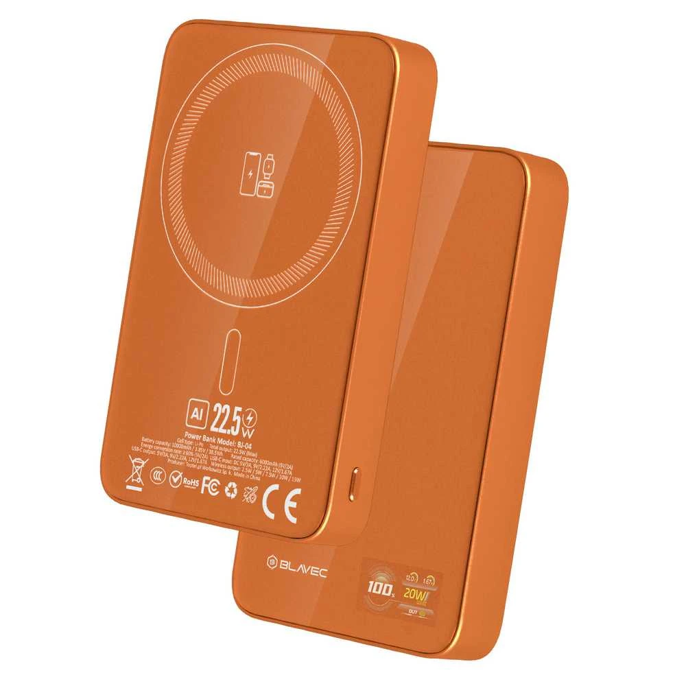 Blavec Power Bank 10000mAh BJ-04 Slim 13,5mm – Type C – 22,5W magnetic Magsafe 3 in 1 (PBBJ04-MC10O) oranžinės spalvos glass