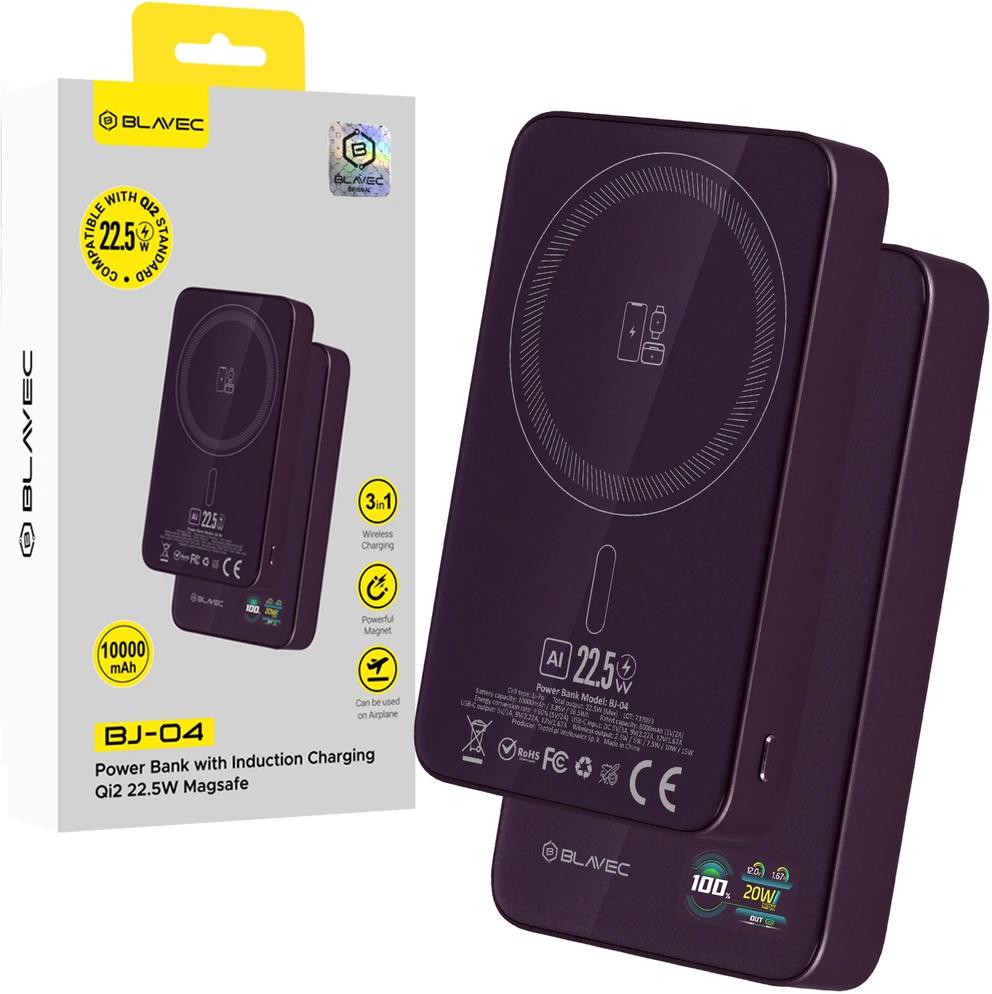 Blavec Power Bank 10000mAh BJ-04 Slim 13,5mm – Typ C – 22,5W magnetyczny indukcyjny Magsafe 3 w 1 (PBBJ04-MC10P) violetinė stiklinis