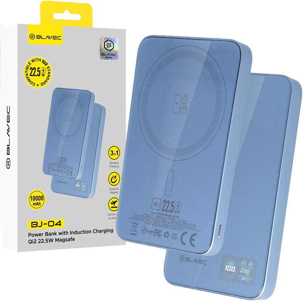 Blavec Power Bank 10000mAh BJ-04 Slim 13,5mm – Typ C – 22,5W magnetyczny indukcyjny Magsafe 3 w 1 (PBBJ04-MC10LB) Šviesiai mėlynas stiklinis
