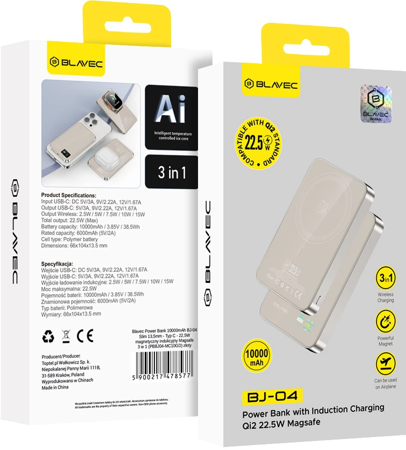 Blavec Power Bank 10000mAh BJ-04 Slim 13,5mm – Type C – 22,5W magnetic Magsafe 3 in 1 (PBBJ04-MC10GD) aukso spalvos
