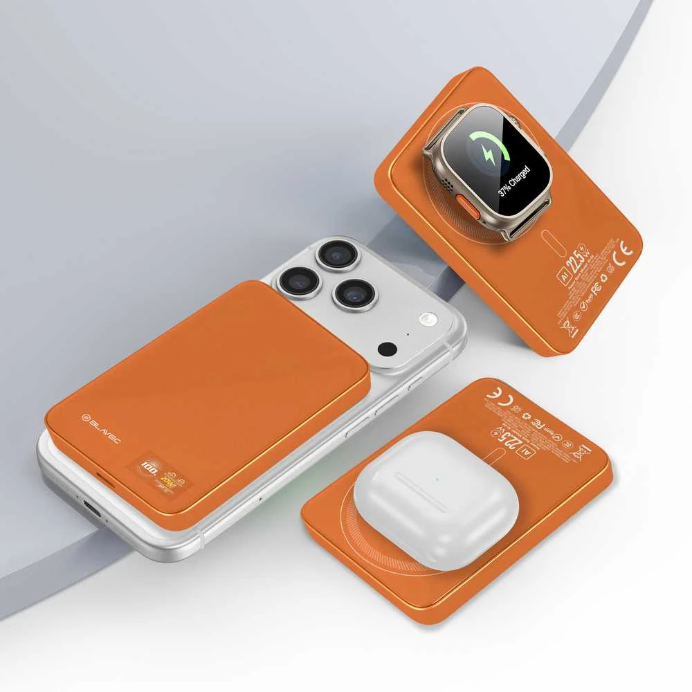 Blavec Power Bank 10000mAh BJ-04 Slim 13,5mm – Type C – 22,5W magnetic Magsafe 3 in 1 (PBBJ04-MC10O) oranžinės spalvos glass