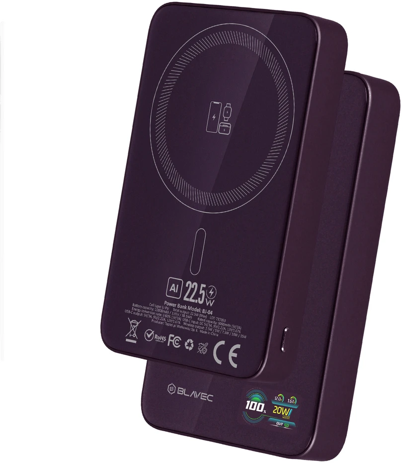 Blavec Power Bank 10000mAh BJ-04 Slim 13,5mm – Typ C – 22,5W magnetyczny indukcyjny Magsafe 3 w 1 (PBBJ04-MC10P) violetinė stiklinis