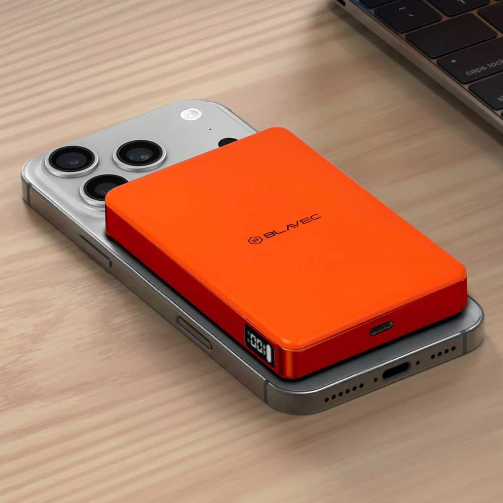 Blavec Power Bank 10000mAh BJ-05 Ultra Fast 16mm – Type C – Qi2.2 25W + PD 45W magnetic induction Magsafe 2 in 1 (PBBJ05-QI22MC10O) oranžinės spalvos aluminum