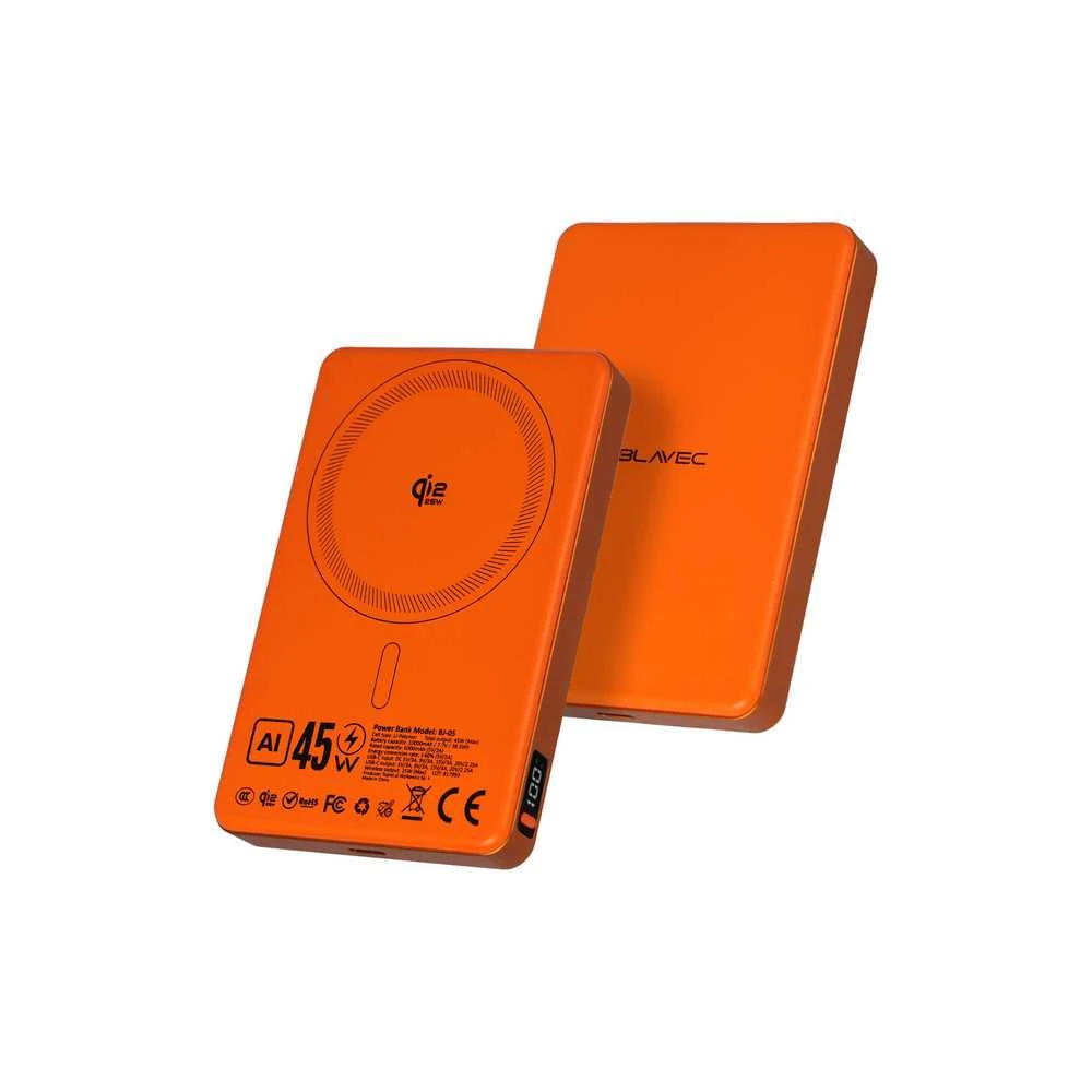 Blavec Power Bank 10000mAh BJ-05 Ultra Fast 16mm – Type C – Qi2.2 25W + PD 45W magnetic induction Magsafe 2 in 1 (PBBJ05-QI22MC10O) oranžinės spalvos aluminum
