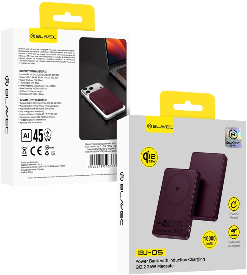 Blavec Power Bank 10000mAh BJ-05 Ultra Fast 16mm – Typ C – Qi2.2 25W + PD 45W magnetyczny indukcyjny Magsafe 2 w 1 (PBBJ05-QI22MC10P) violetinė aluminiowy