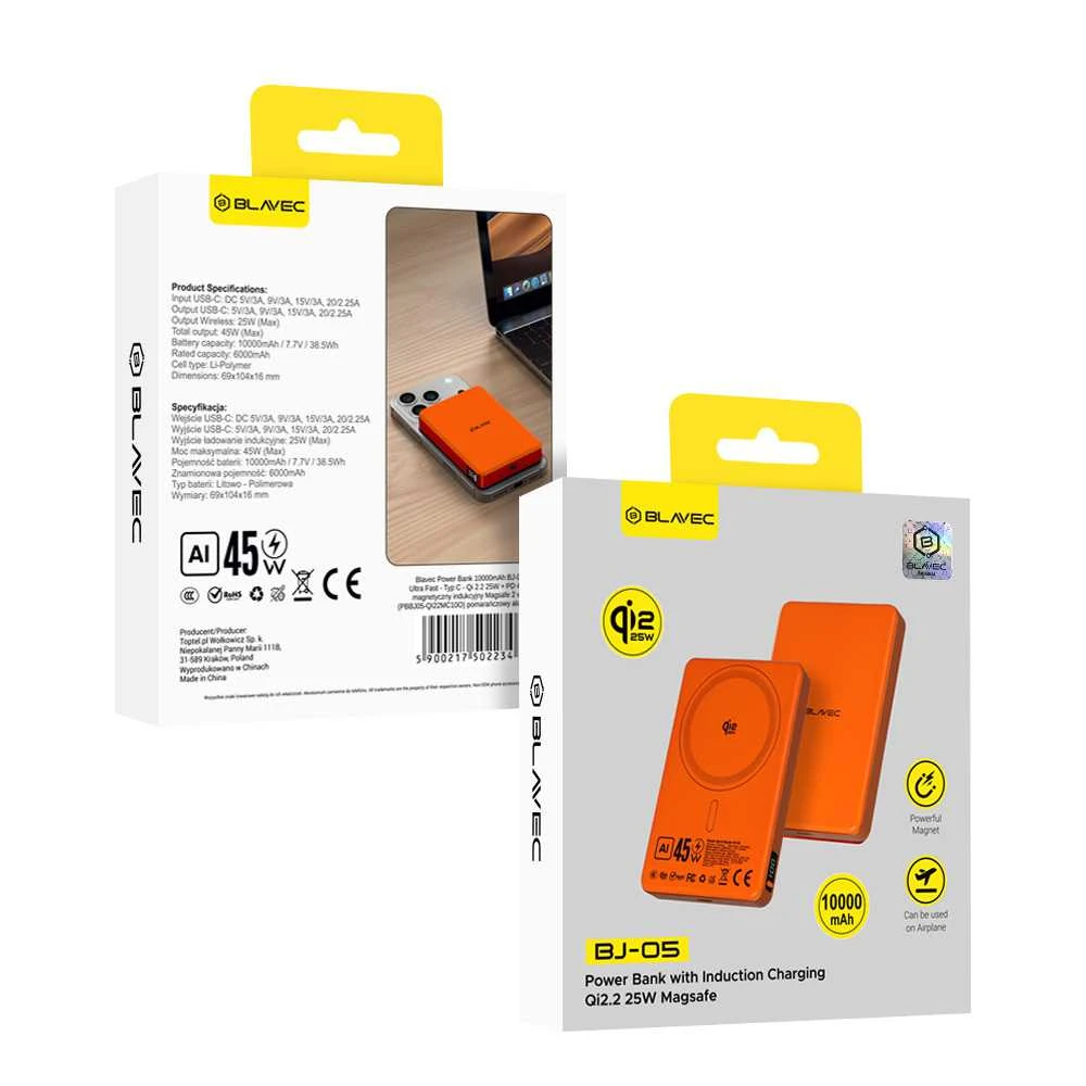 Blavec Power Bank 10000mAh BJ-05 Ultra Fast 16mm – Type C – Qi2.2 25W + PD 45W magnetic induction Magsafe 2 in 1 (PBBJ05-QI22MC10O) oranžinės spalvos aluminum