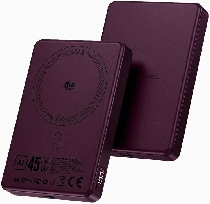 Blavec Power Bank 10000mAh BJ-05 Ultra Fast 16mm – Typ C – Qi2.2 25W + PD 45W magnetyczny indukcyjny Magsafe 2 w 1 (PBBJ05-QI22MC10P) violetinė aluminiowy