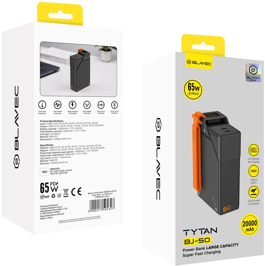 Blavec Power Bank 20000mAh BJ-50 Tytan 65W – 2x Type-C (PBBJ50A) juodos spalvos