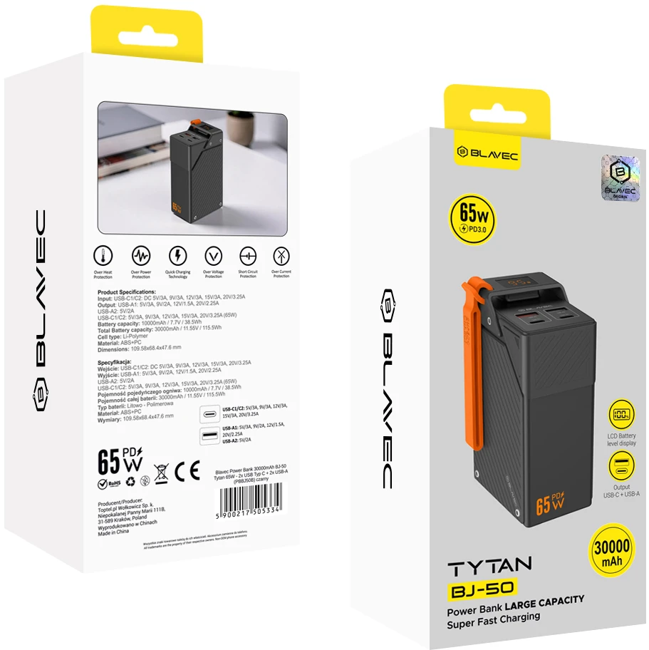 Blavec Power Bank 30000mAh BJ-50 Tytan 65W – 2x Type-C + 2x USB-A (PBBJ50B) juodos spalvos