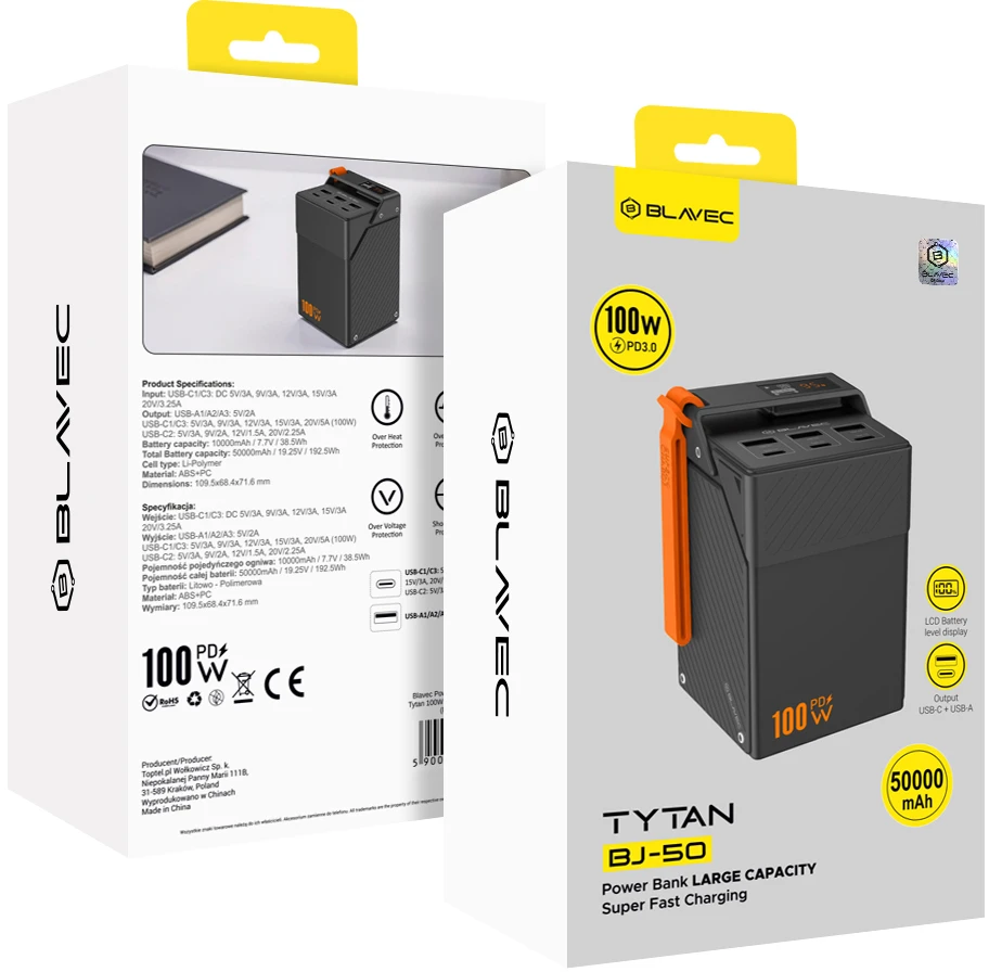 Blavec Power Bank 50000mAh BJ-50 Tytan 100W – 3x Type-C + 3x USB-A (PBBJ50C) juodos spalvos