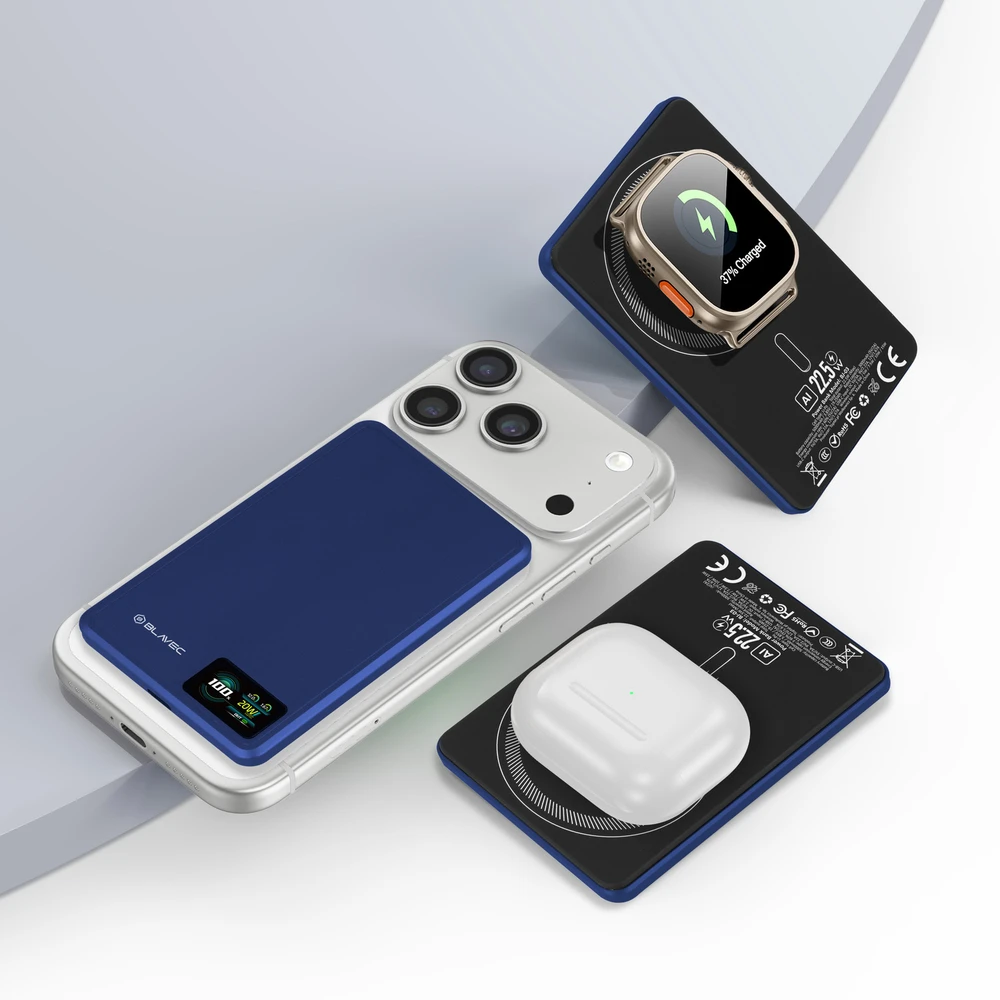 „Blavec“ išorinė baterija 5000mAh BJ-03, itin plona, 7,8 mm, C tipo, 22,5 W, magnetinė, „Magsafe 3 in 1“ (PBBJ03-MC5N), tamsiai mėlyna, aliuminio