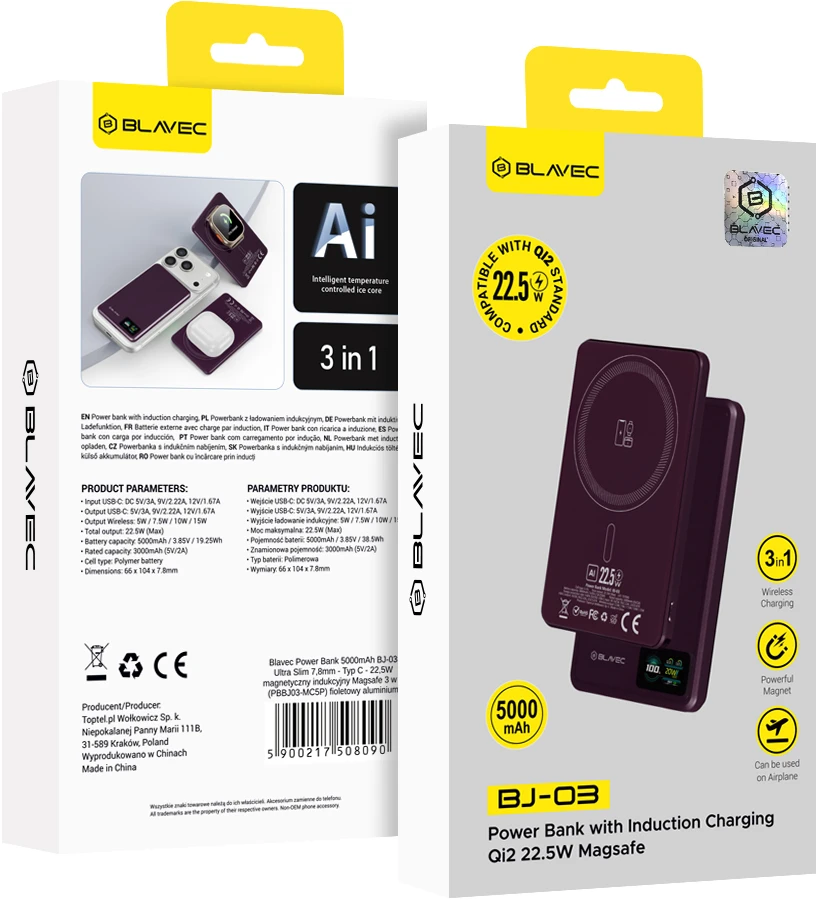 Blavec Power Bank 5000mAh BJ-03 Ultra Slim 7,8mm – Typ C – 22,5W magnetyczny indukcyjny Magsafe 3 w 1 (PBBJ03-MC5P) violetinė aliuminio