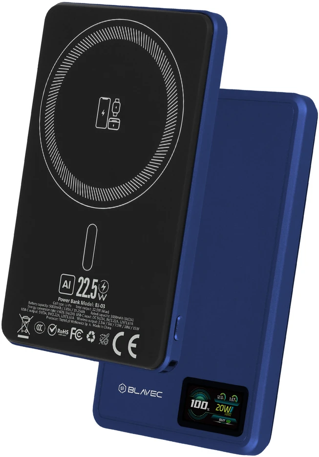 „Blavec“ išorinė baterija 5000mAh BJ-03, itin plona, 7,8 mm, C tipo, 22,5 W, magnetinė, „Magsafe 3 in 1“ (PBBJ03-MC5N), tamsiai mėlyna, aliuminio