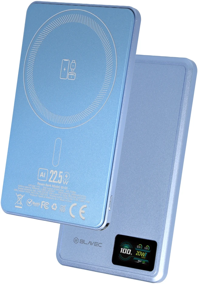Blavec Power Bank 5000mAh BJ-03 Ultra Slim 7,8mm – Typ C – 22,5W magnetyczny indukcyjny Magsafe 3 w 1 (PBBJ03-MC5LB) Šviesiai mėlynas aliuminio