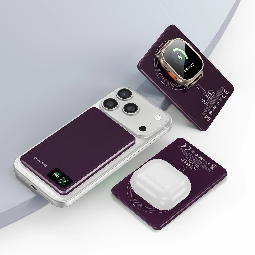 Blavec Power Bank 5000mAh BJ-03 Ultra Slim 7,8mm – Typ C – 22,5W magnetyczny indukcyjny Magsafe 3 w 1 (PBBJ03-MC5P) violetinė aliuminio
