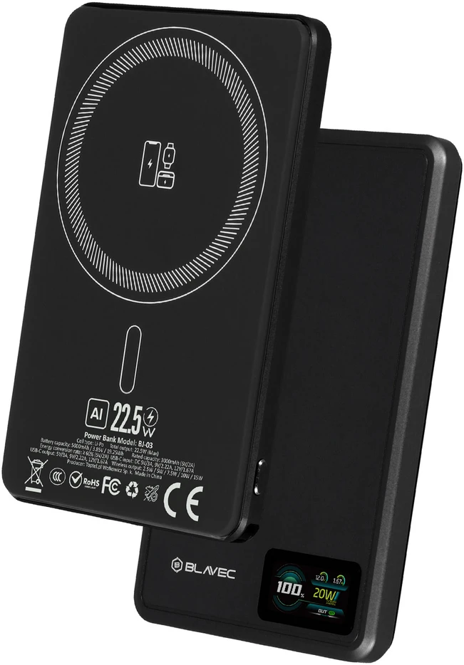 „Blavec“ išorinė baterija 5000mAh BJ-03 itin plona, 7,8 mm, C tipo, 22,5 W, magnetinė, „Magsafe 3 in 1“ (PBBJ03-MC5B), juodos spalvos aliuminis