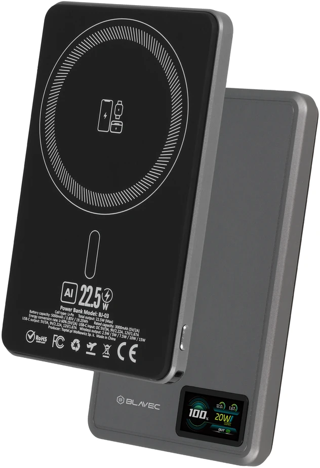 Oem „Blavec“ išorinė baterija 5000mAh BJ-03, itin plona, 7,8 mm, C tipo, 22,5 W, magnetinė, „Magsafe 3 in 1“ (PBBJ03-MC5G), aliuminio spalvos pagalvėlės