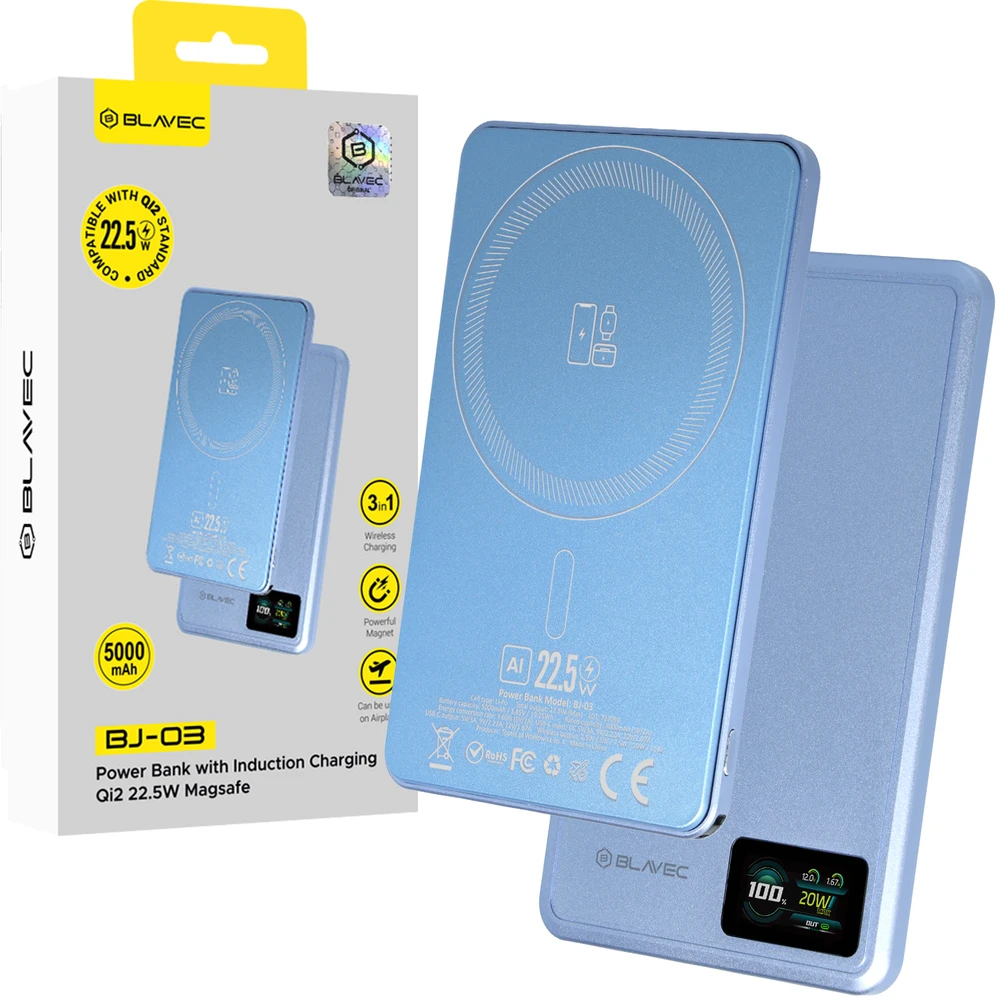 Blavec Power Bank 5000mAh BJ-03 Ultra Slim 7,8mm – Typ C – 22,5W magnetyczny indukcyjny Magsafe 3 w 1 (PBBJ03-MC5LB) Šviesiai mėlynas aliuminio