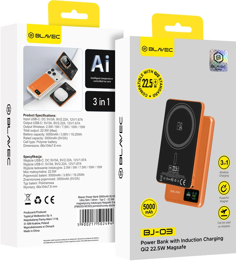 Blavec išorinė baterija 5000mAh BJ-03 itin plona 7,8 mm – C tipo – 22,5 W magnetinė „Magsafe 3 in 1“ (PBBJ03-MC5O) oranžinis aliuminis