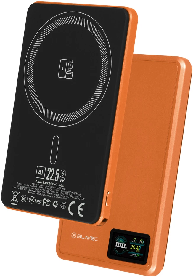 Blavec išorinė baterija 5000mAh BJ-03 itin plona 7,8 mm – C tipo – 22,5 W magnetinė „Magsafe 3 in 1“ (PBBJ03-MC5O) oranžinis aliuminis