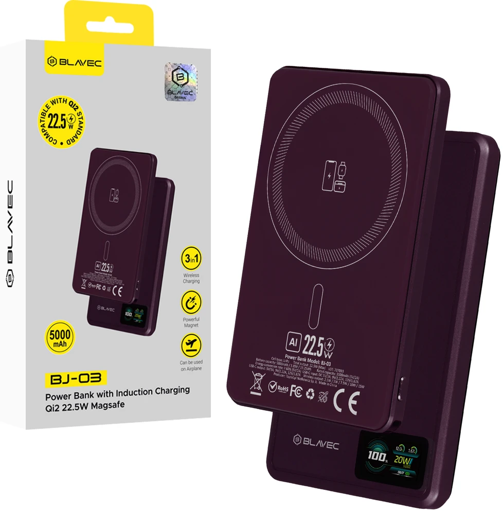 Blavec Power Bank 5000mAh BJ-03 Ultra Slim 7,8mm – Typ C – 22,5W magnetyczny indukcyjny Magsafe 3 w 1 (PBBJ03-MC5P) violetinė aliuminio
