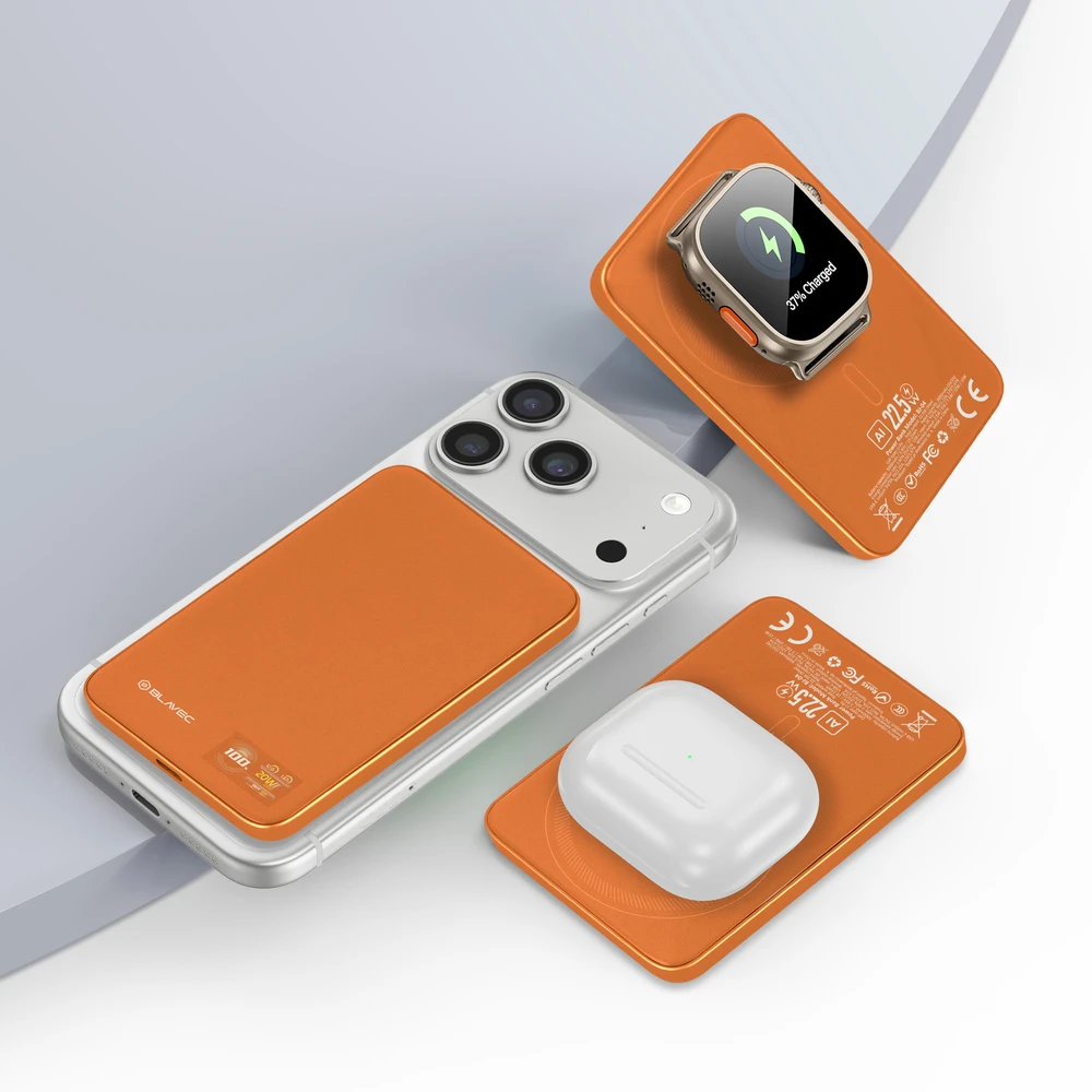 Blavec išorinė baterija 5000mAh BJ-04 itin plona 7,8 mm – C tipo – 22,5 W magnetinė „Magsafe 3 in 1“ (PBBJ04-MC5O) oranžinis stiklas