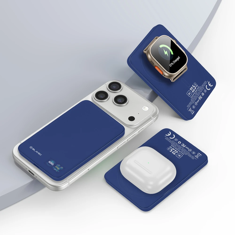„Blavec“ išorinė baterija 5000mAh BJ-04, itin plona, 7,8 mm, C tipo, 22,5 W, magnetinė, „Magsafe 3 in 1“ (PBBJ04-MC5N), tamsiai mėlynas stiklas