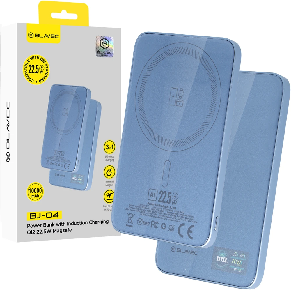 Blavec Power Bank 5000mAh BJ-04 Ultra Slim 7,8mm – Typ C – 22,5W magnetyczny indukcyjny Magsafe 3 w 1 (PBBJ04-MC5LB) Šviesiai mėlynas stiklinis