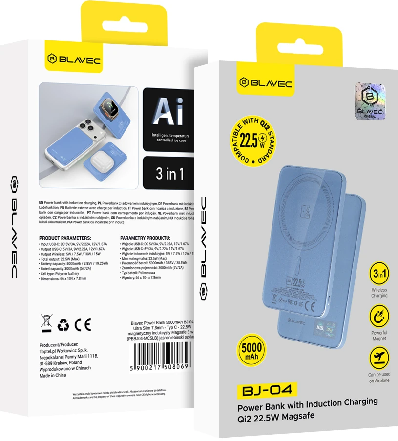 Blavec Power Bank 5000mAh BJ-04 Ultra Slim 7,8mm – Typ C – 22,5W magnetyczny indukcyjny Magsafe 3 w 1 (PBBJ04-MC5LB) Šviesiai mėlynas stiklinis